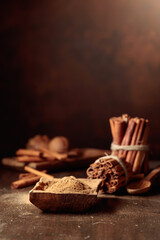 Cinnamon on an old wooden table.