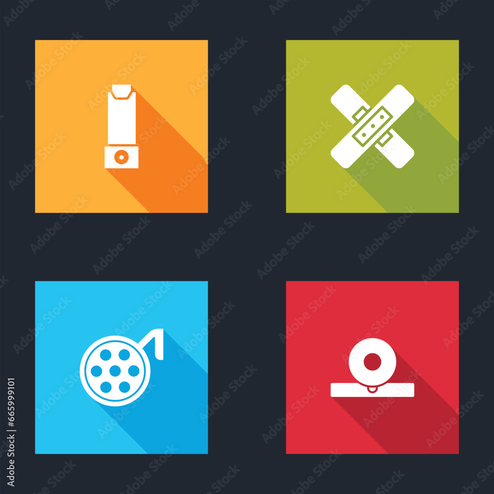 Sticker Set Inhaler, Crossed bandage plaster, Surgery lamp and Otolaryngological head reflector icon. Vector