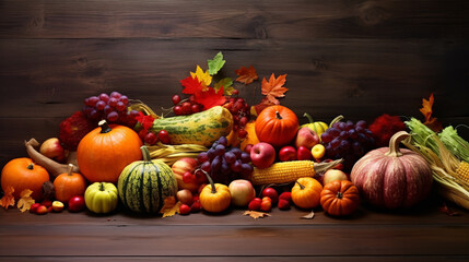 Reveling in Autumn's bounty, wood tables laden withfruit and vegetables mark the Thanksgiving feast.