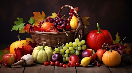 Fototapeta na wymiar Autumn scenery featuring seasonal edibles atop wood, symbolic of Thanksgiving.
