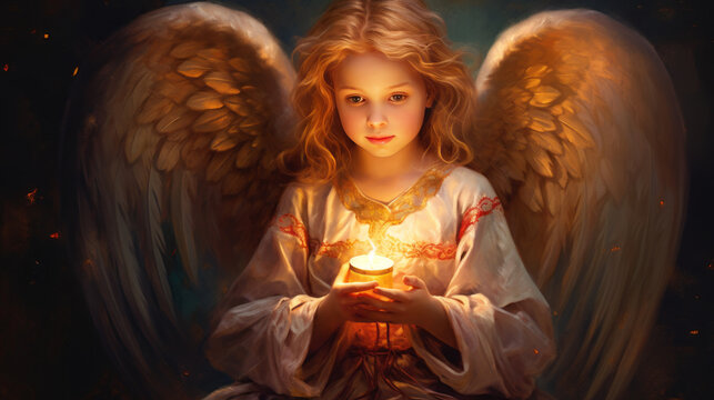 Painting of an angel holding a golden candle, generated with ai.