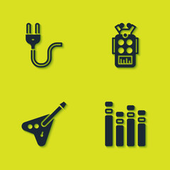 Set Electric plug, Music equalizer, bass guitar and Microphone icon. Vector