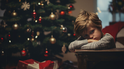 Winter depression showing a sad child in Christmas setting. Generated with ai. - obrazy, fototapety, plakaty