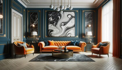 Photo showcasing a luxurious art deco-inspired living room
