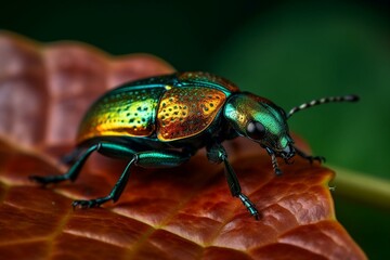 A beetle perched on a vibrant leaf. Generative AI