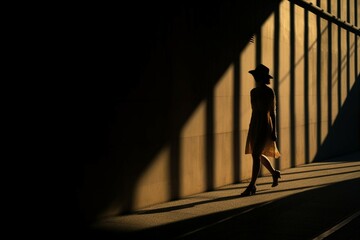 Woman walking in shadows in the city, dark light photography - obrazy, fototapety, plakaty