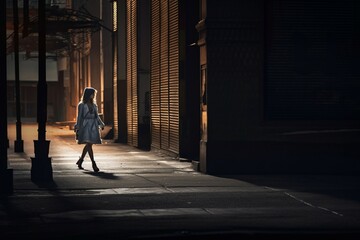 Woman walking in shadows in the city, dark light photography