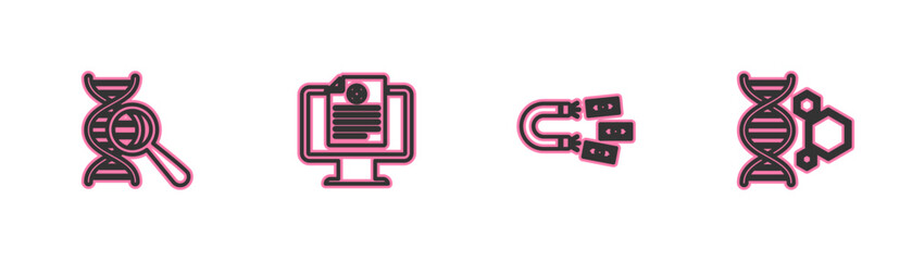Set line DNA research, search, Magnet with money, Clinical record monitor and Genetic engineering icon. Vector