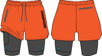 Sport track Shorts with compression tights design vector template, basketball shorts concept with front and back view for football, badminton and running active wear double layer trail shorts design
