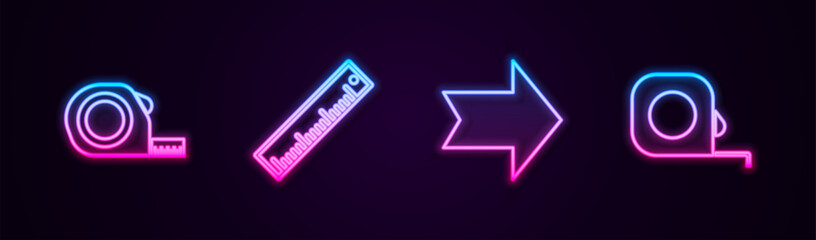 Set line Roulette construction, Ruler, Arrow and . Glowing neon icon. Vector