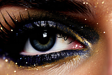 Close-up of beautiful woman's eye with glitter make-up - obrazy, fototapety, plakaty