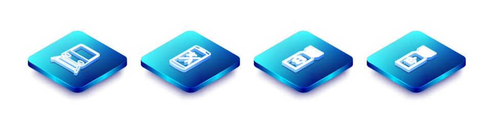 Set Isometric line Train, Online translator, Bus ticket and Airline icon. Vector
