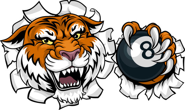 A tiger angry mean pool billiards mascot cartoon character holding a black 8 ball.