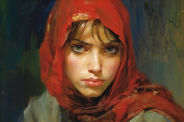 Portrait of a beautiful girl with a red scarf on her head