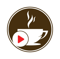 Coffee and play logo design. Coffee logo design with a music play button vector.