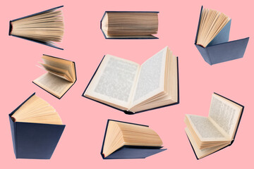 collection of various books isolated on pink background. each one is shot separately. - obrazy, fototapety, plakaty