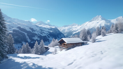 Fototapeta na wymiar copy space, stockphoto, amazing swiss winter landscape with amazing lot of snow, snow covered pine trees, small typical wooden barn. Beautiful design for a calendar. Winter wonder landscape is Austria
