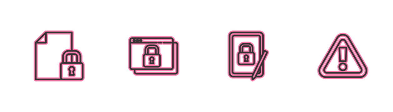 Set line Document and lock, Tablet with closed padlock, Secure your site HTTPS, SSL and Exclamation mark in triangle icon. Vector