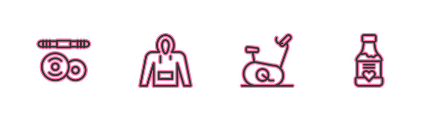 Set line Barbell, Stationary bicycle, Hoodie and Vitamins icon. Vector