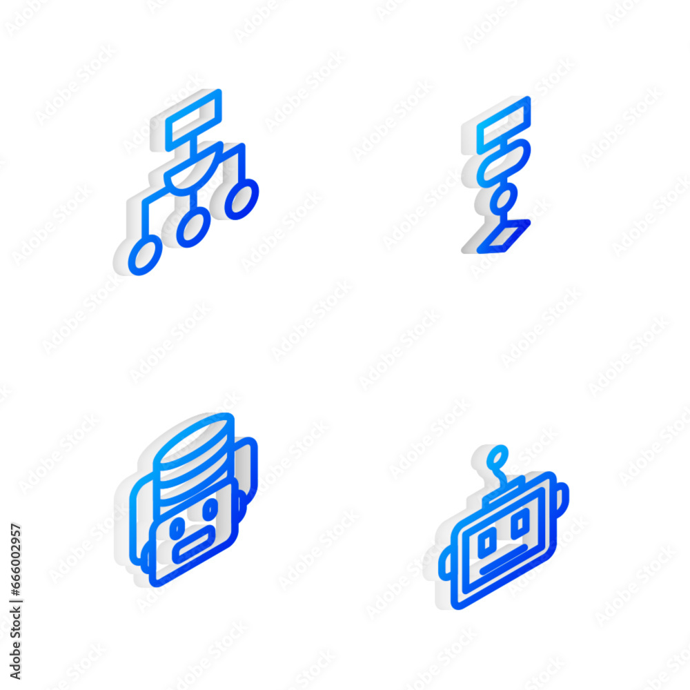 Poster set isometric line algorithm, artificial intelligence robot and icon. vector