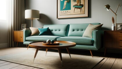 Semi- close up photo capturing the essence of a mid-century modern living room