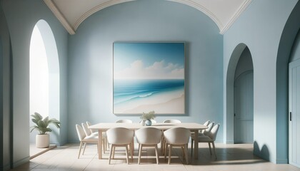 Semi close-up image of a Coastal Mediterranean dining area with a prominent pastel blue wall