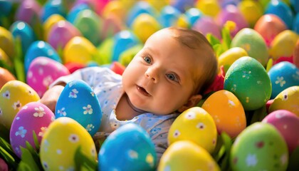 Fototapeta na wymiar Première chasse aux œufs : Émerveillement d'un bébé face à la magie de Pâques