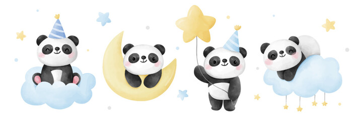 Fototapety  Draw baby panda boy For nursery birthday kids Sweet dream