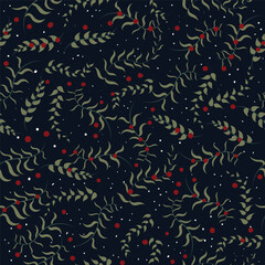 red plant and fruit pattern, christmas seamless. Ornament for gift wrapping paper, fabric, clothing, textiles, surface textures, scrapbooks.
