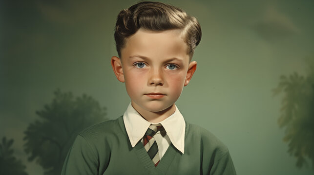 child wearing school uniform shirt and tie on green background, vintage photo 1940, 1950