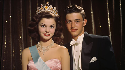 young couple prom king and queen, vintage photo in front of gold curtain 1940, 1950 - obrazy, fototapety, plakaty