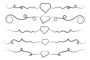 Filigree curly Calligraphic Heart, Fancy Line Flourishes Swirls hearts, curve romantic love separator, Valentines Day divider flourish Swirl, Calligraphy Flourish lettering header hearts scroll 