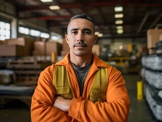 
A focused man in an orange safety jacket stands confidently in a warehouse, with boxes and industrial materials surrounding him.