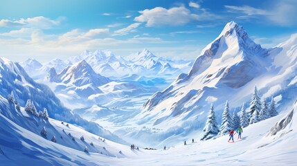 Picturesque Ski Resort with Skiers and Snowboarders, Generative AI