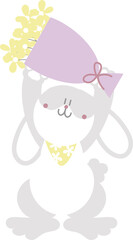 happy easter with bunny rabbit and flower, flat png transparent element character design