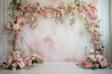 Continuous watercolour backdrop featuring delicate pink flowers. Generative AI