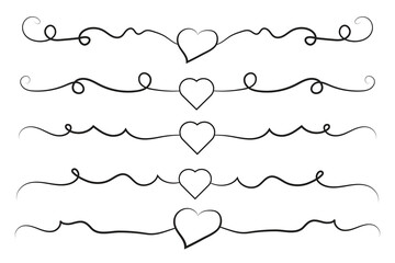 Filigree curly Calligraphic Heart, Fancy Line Flourishes Swirls hearts, curve romantic love separator, Valentines Day divider flourish Swirl, Calligraphy Flourish lettering header hearts scroll  - obrazy, fototapety, plakaty