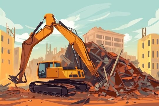 Construction site demolition. Excavator demolishing building. Futuristic excavator. Digger with bucket. Building construction illustration. Generative AI