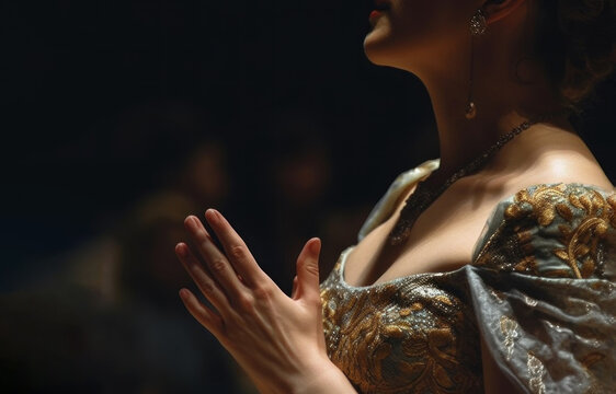 Closeup of opera singer hands. Side view of crop unrecognizable singing woman in theater dress against dark background with audience