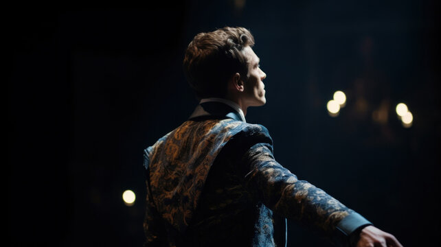 Side view of young opera singer man standing on stage with his arms spread apart while singing during performance