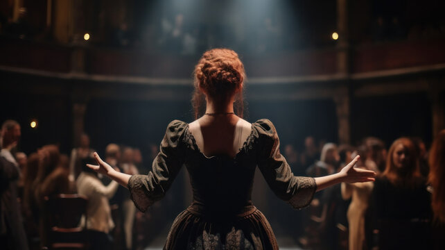 Back view of young opera singer woman standing on stage with her arms spread apart while singing during performance in front of seated audience in theater