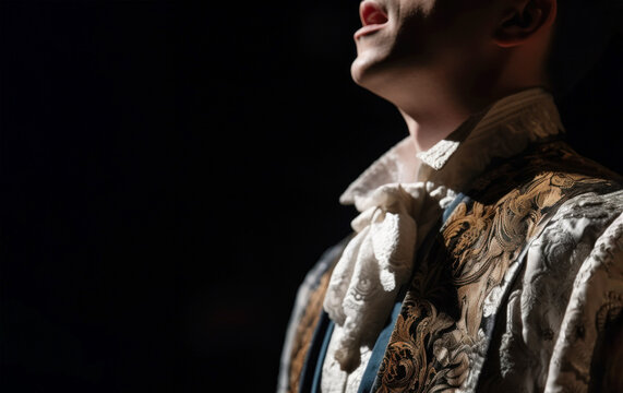 Closeup of crop unrecognizable opera singer man in theatre suit singing against black background with copy space
