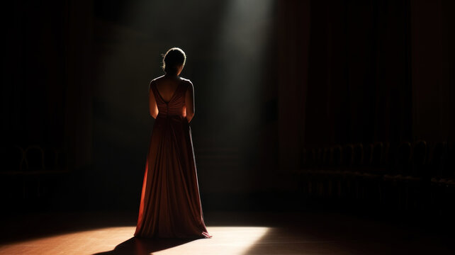 Back view full length of opera singer woman in long dress illuminated by ray of light standing on stage in empty hall