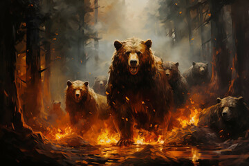 Fire in the forest, flame lights, frightened brown bear close-up, dark background. AI generated.