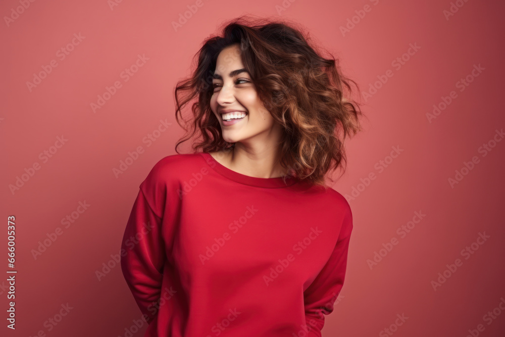 Wall mural Young blond woman wearing blank red crimson sweatshirt stands in front of camera. Fashion mockup with copy space. Sweatshirt template. Generative AI - Wall murals