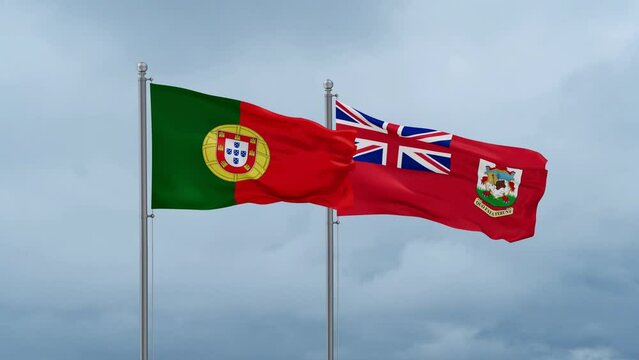 Portugal flag and Bermuda or Somers Isles flag waving together on cloudy sky, endless seamless loop