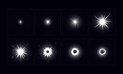Shine light FX animation frame. Shine effect sprite sheet for video games, cartoon, advertising video and motion design. Hand drawn vector animation.