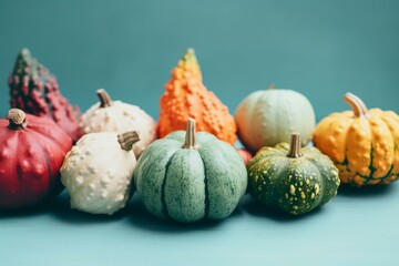 Colorful gourds laid flat on a pastel teal background with vibrant autumnal colors. Generative AI