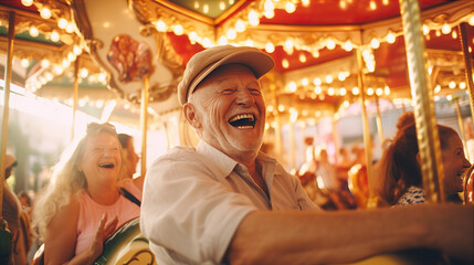A group of elderly visitors ride a beautifully decorated carousel
