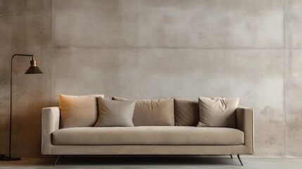 Beige sofa in a modern interior, design of furniture elements and functional decorations
